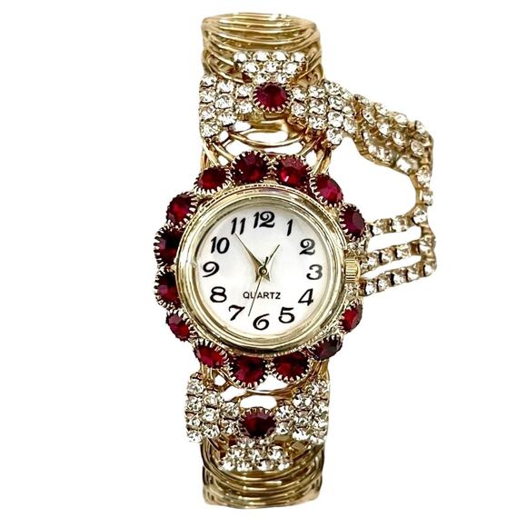 Women's RHINESTONE WATCH Red & Gold Tone - NEW BATTERY - Picture 1 of 4
